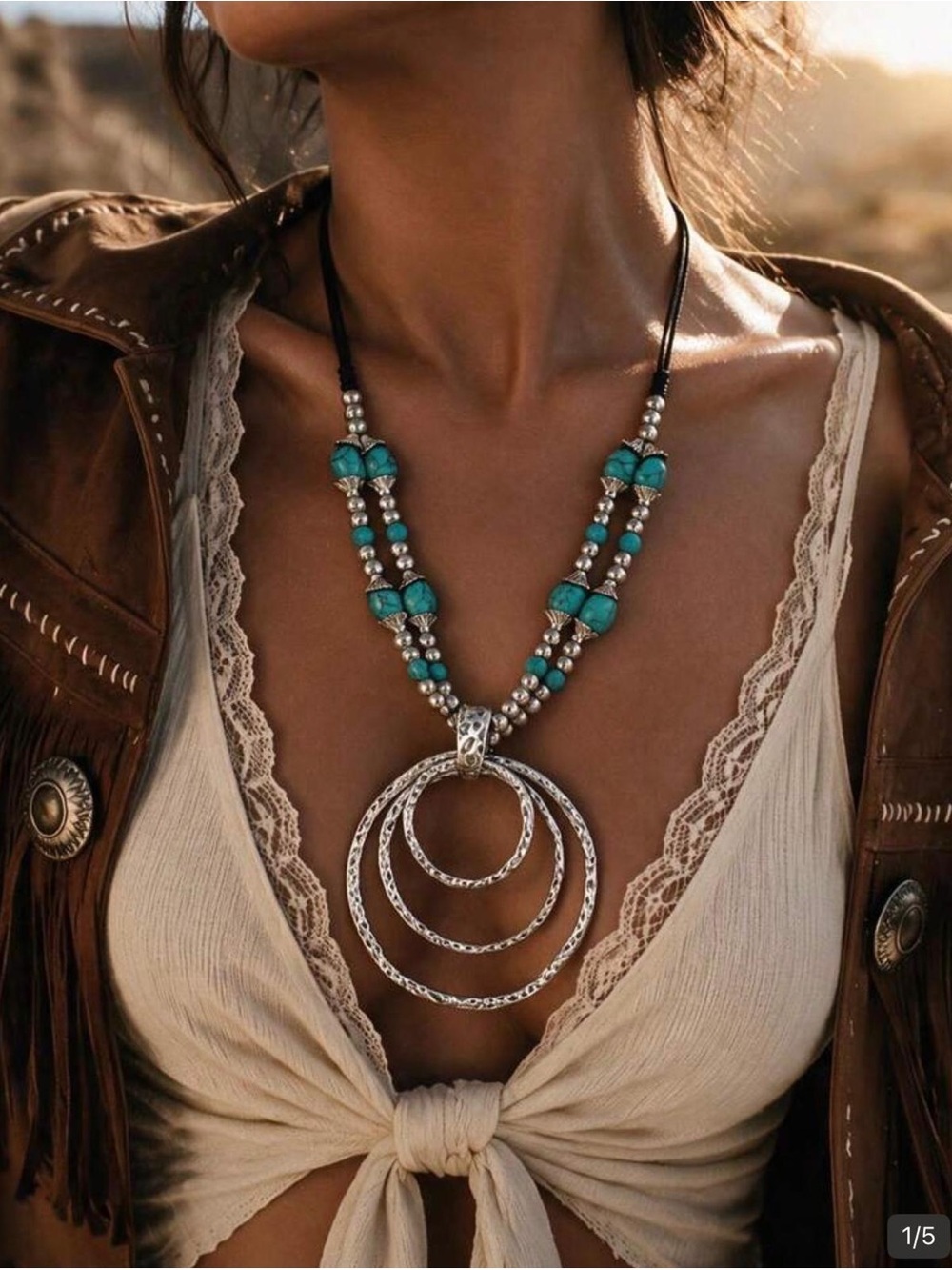 Turquoise Bead Silver Triple Ring Pendant Necklace - Women Jewelry